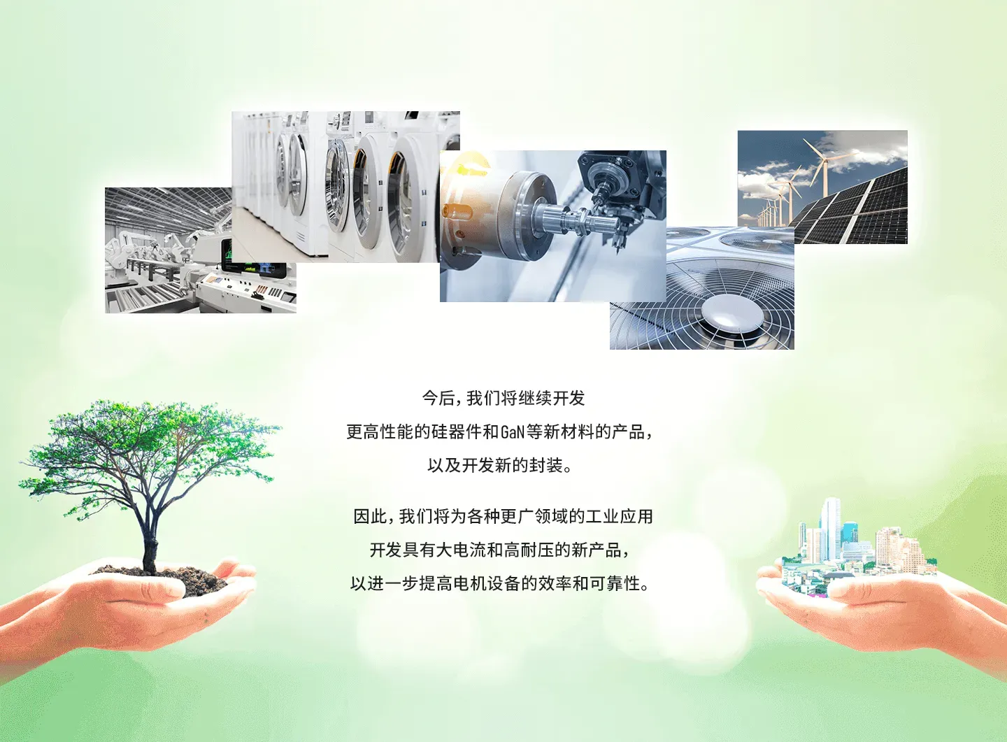 今后,我们将继续开发更高性能的硅器件和SiC等新材料的产品,以及开发新的封装。
因此,我们将为各种更广领域的工业应用开发具有大电流和高耐压的新产品,以进一步提高电机设备的效率和可靠性。