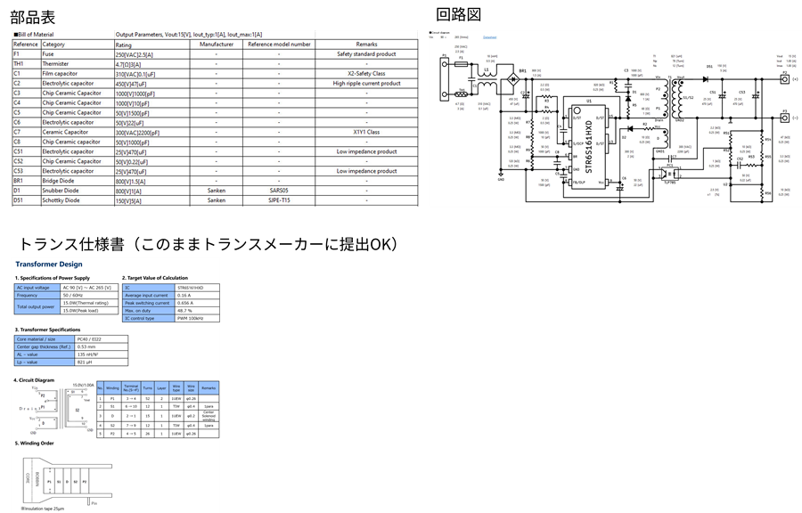 部品表、回路図、トランス仕様書を出力します