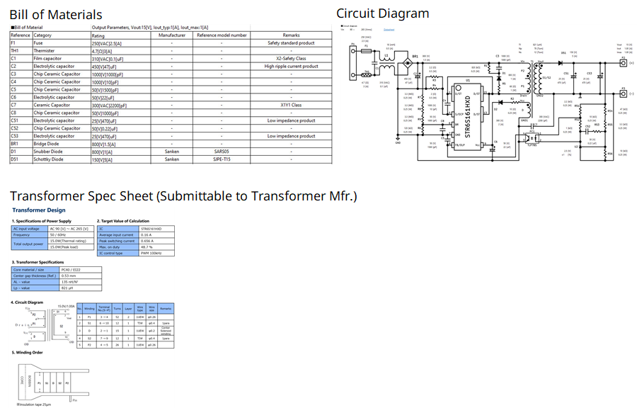 Sanken STR Pro outputs Bill of Materials, Circuit Diagram and Transformer Spec Sheet