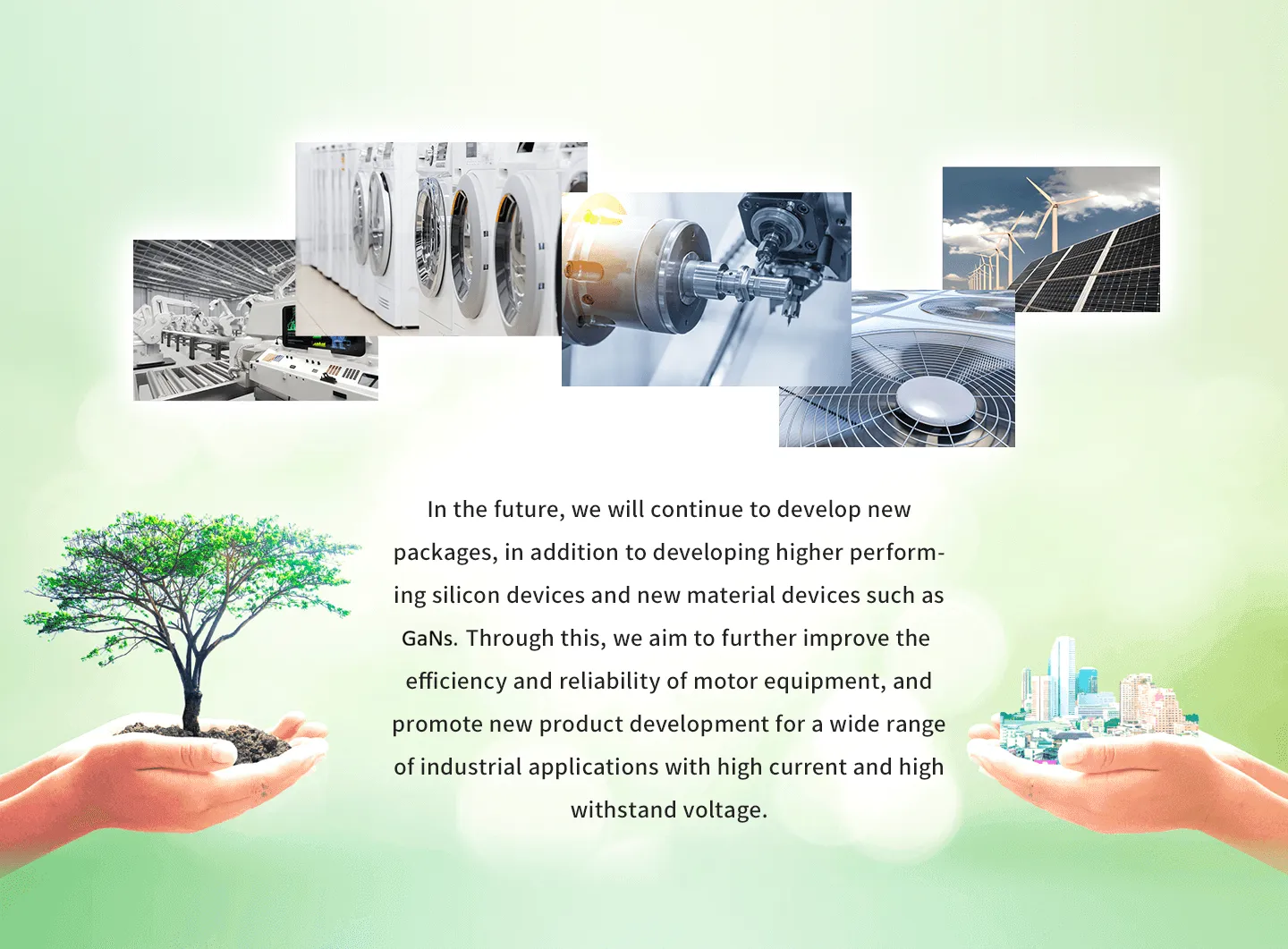 In the future, we will continue to develop new packages, in addition to developing higher performing silicon devices and new material devices such as SiCs. Through this, we aim to further improve the efficiency and reliability of motor equipment, and promote new product development for a wide range of industrial applications with high current and high withstand voltage.
