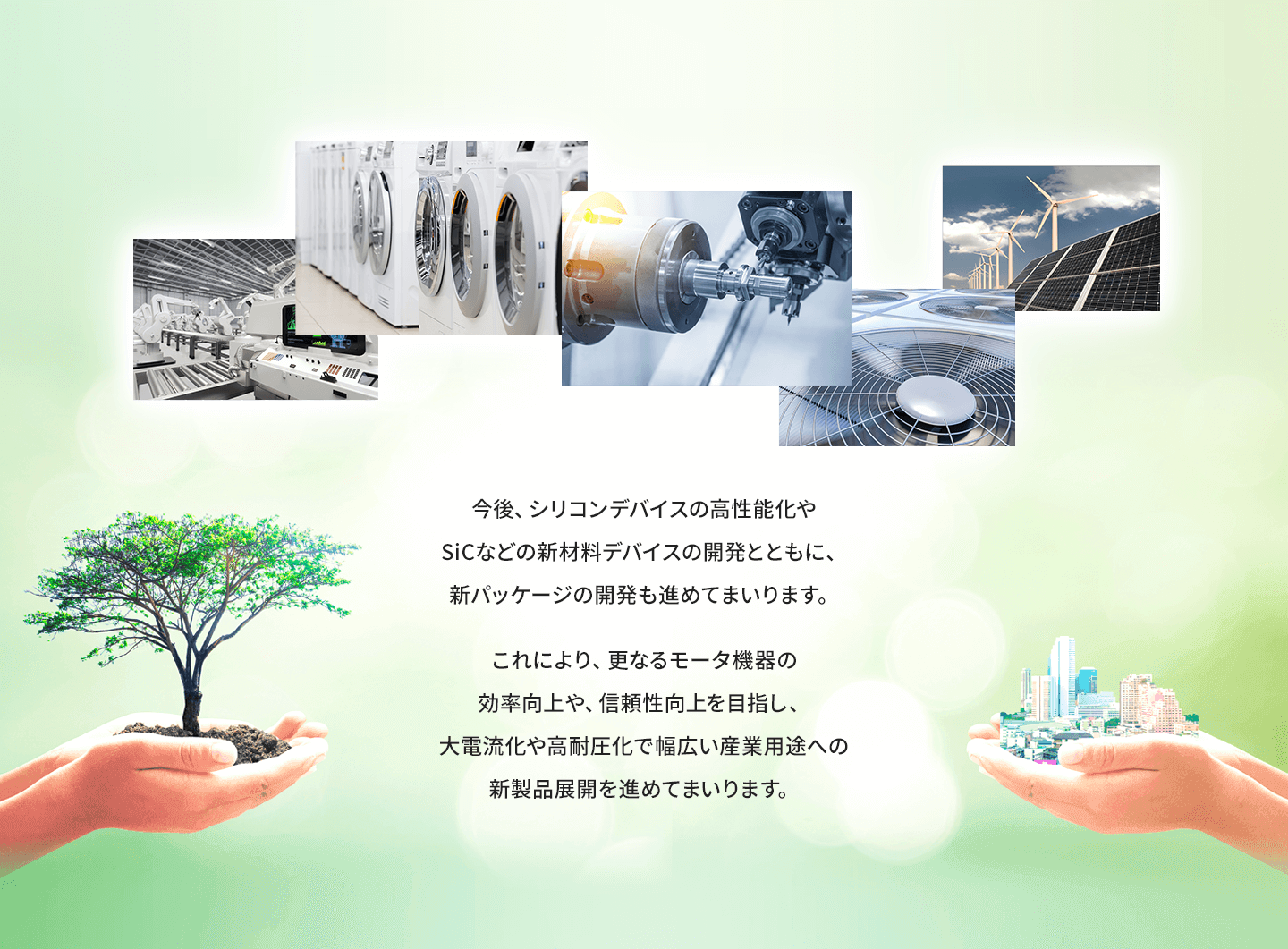 今後、シリコンデバイスの高性能化やSiCなどの新材料デバイスの開発とともに、新パッケージの開発も進めてまいります。これにより、更なるモータ機器の効率向上や、信頼性向上を目指し、大電流化や高耐圧化で幅広い産業用途への新製品展開を進めてまいります。